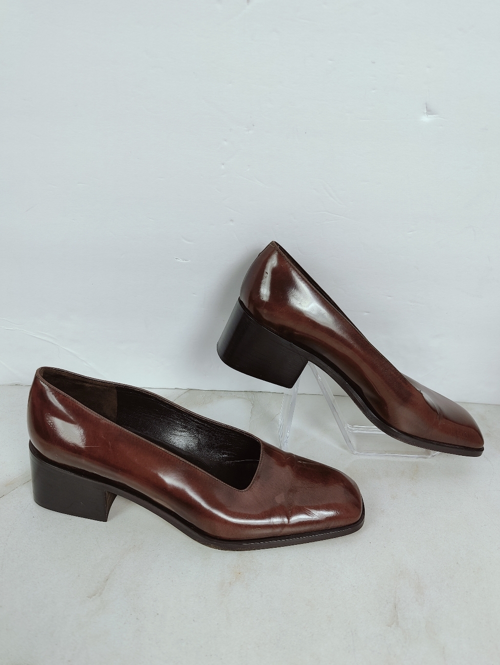 VTG Y2K Via Spiga Brown Leather Square Toe Block Heel Pumps, Sz 7